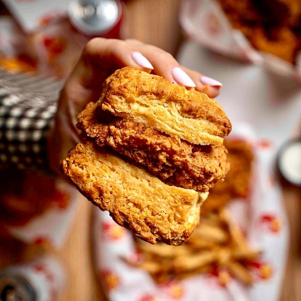 A hand holding a fried chicken sandwich with a biscuit bun, with fries and drinks in the background.